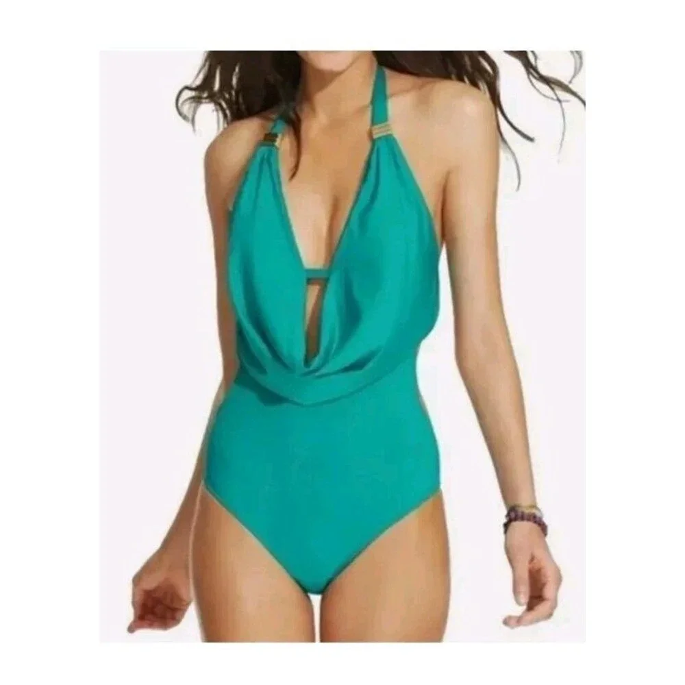 Bar III Draped Monokini One-piece Swimsuit Green Jade XS NWT